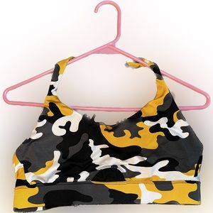 Yellow camouflage cross cross back sports bra